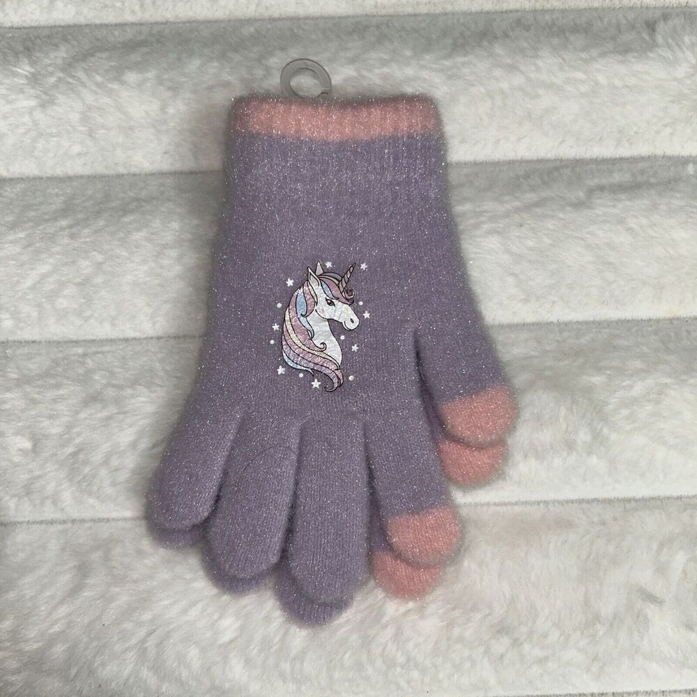 Toddler Girl Knit Cozy Finger Gloves Purple Pink Unicorn